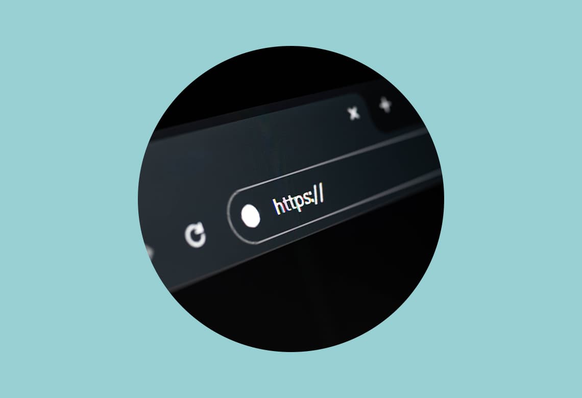 Close-up of a web browser's address bar displaying "https://", symbolizing internet security. The circular frame is set against a light blue background for blog titled "Why SEO Optimization with Yoast is Essential for Your Website’s Success"